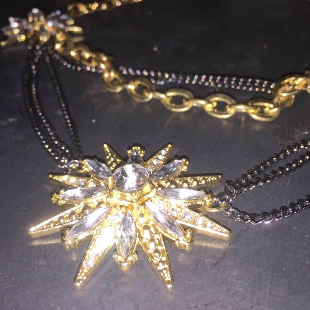 Gold Diamond Starburst Necklace and Earrings